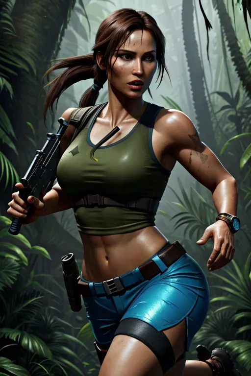 Dopamine Girl Lara Croft Running Though Jungle Blue Lara Clothing Shorts Athletic Jungle 1945