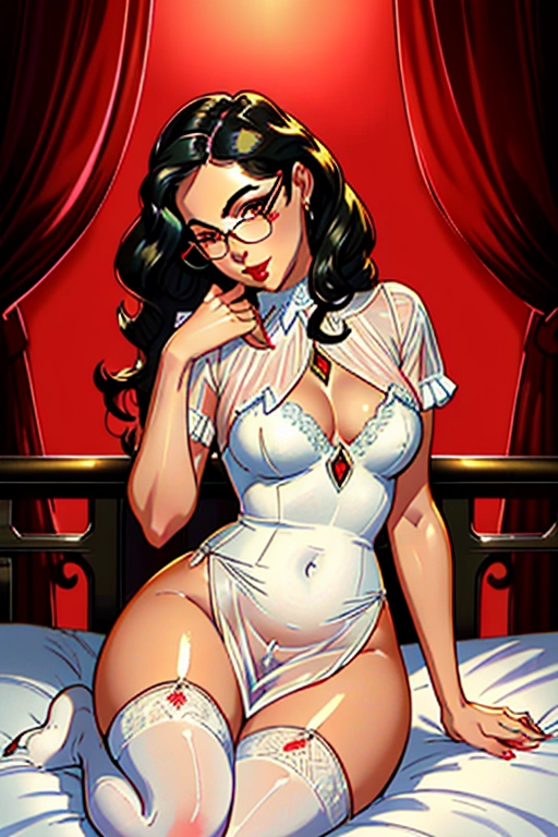 1920s, Beautiful, sexy, aroused, christian, promiscuous housewife, long brunette hair, 20s hair style, round glasses, Alexandria Ocasio-Cortez, full lush red lips, soft and curvy build, small perky breasts, thin waist, thicc ass, full thighs, smooth legs, cute feet, pink scruffled sheer dress, cleavage, cute white 20s undies, cameltoe, thicc hips, laying down on the bed, inviting me to impregnate her, in the bedroom, masturbating, playing with and rubbing her pussy and crotch, dim lighting in the room, beautiful fluffy bed, ((high definition)), ((4k quality)), ((excellent lighting)), ((great shading)), ((pristine detail)), ((really clear picture)), ((beautiful vibrant colors)), ((accurate at lower prompt guidence)), ((ultra realistic)), (((five fingers per hand))), (((two arms per person))), (((two legs per person))), (((two hands per person))), (((two feet per person))), ((((100 percent according to prompt))))