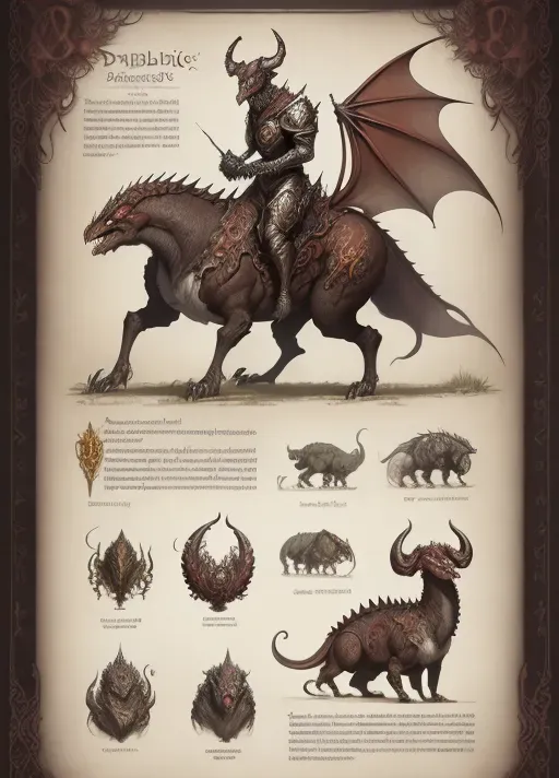 ((8k, high detail, high resolution)) character design sheet from artist Edward binkley of a monster riding a cryptozoology creature . ((Medieval bestiary art)) (((Diablo game bestiary art)))