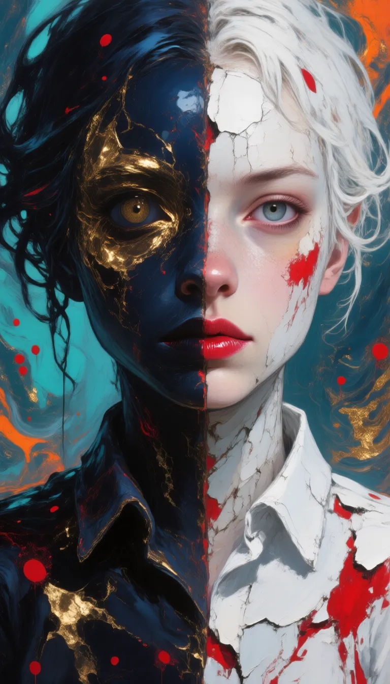 A hyperrealistic oil painting with digital art fusion, featuring a split-face portrait where the left half immerses in deep navy and black swirling liquid textures accented by metallic gold highlights and subtle crimson splatters, contrasting sharply with the right half's luminous white base adorned with textured impasto brushstrokes and vivid red abstract patterns on a glossy surface. The background erupts in turbulent fluid swirls of indigo, teal, burnt orange, and metallic gold, scattered with crimson droplets that seamlessly merge into the subject's abstract hair, creating a boundaryless flow. The subject, centrally positioned with one visible eye on each side, wears a chipped white shirt with cracked paint texture and glossy crimson lips, captured in a close-up eye-level view that intensifies psychological depth. Executed with thick impasto, visible brushstrokes, glossy glazes, and digital texture overlays, the artwork embodies ZdzisÅaw BeksiÅskiâs dystopian surrealism blended with contemporary digital abstract art. This masterpiece radiates chaotic elegance through ultra-high detail rendering, photorealistic textures, and high-quality craftsmanship, presenting a dreamlike intensity where background dynamics radiate outward from the centered face, all rendered in museum-worthy, gallery-quality precision.