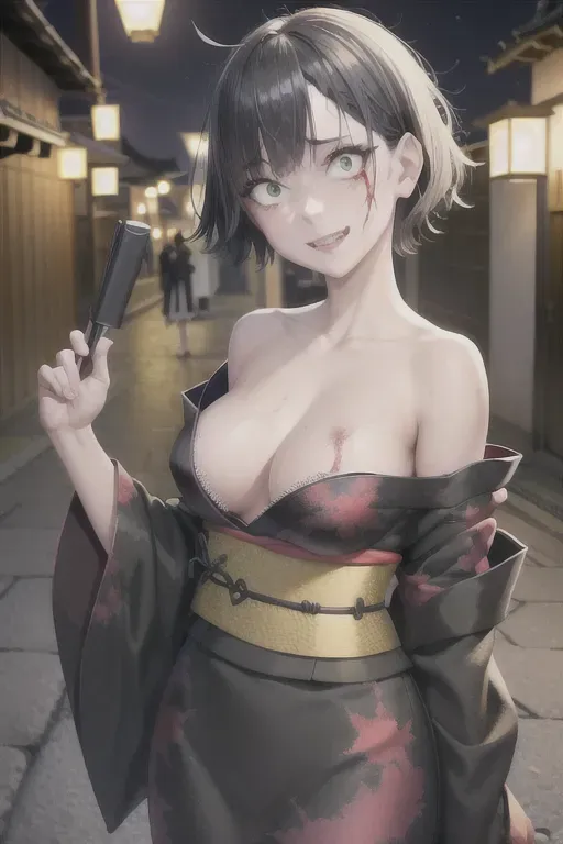 1girl, short black hair, green eyes, samurai, yukata, constricted pupils, yandere, light smile, crazy eyes, looking at viewer, kyoto night alley, atmospheric lighting, night sky, blood on clothes, torn clothes, head tilt, torn dress <lora:dpmg_crazy_expression:1>, <lora:dpmg_fingering:1>