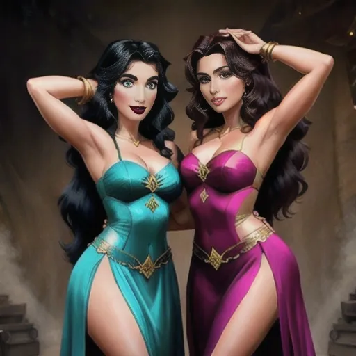 ((2 women:1)) Disney Princesses Esmeralda and Jasmine,
((Dynamic poses of two sexy longhaired women posing together:1.7)),
((Lesbian art:1.5)
movie poster for lesbian period drama