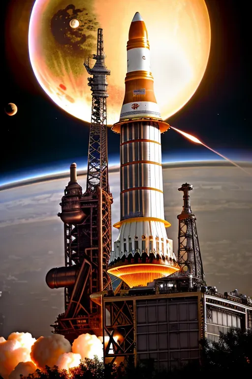 Steampunk Saturn v rocket blasting off, steampunk robots, steampunk buildings in the background