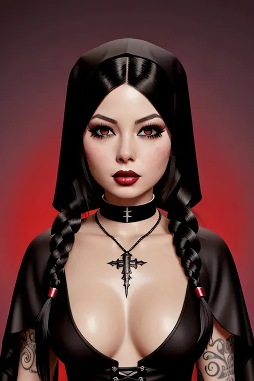 a digital art of,Miranda Cosgrove,goth makeup, nun,in convent,natural breasts,five fingers per hand,braids hair,charming face,beautiful lips,brown eyes,curved eyebrows,cosy,tattoo,8k,pixiv,