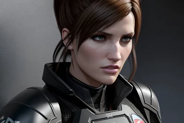 a concept art of,Bella Thorne, empty hands, confident, in resident evil, in black tactical pants, black military armor, straps, combat boots, commanding presence, five fingers per hand,hair bun,bangs,strong pose,charming face,beautiful lips, deep eyes,curved eyebrows,textured skin,cgsociety,8k,unreal engine,highly detailed,artstation, deviantart, cinematic, sharp image, centered, medium close up, 8k,studio lighting, head in frame, long neck, entire head in frame,hyper-realistic
