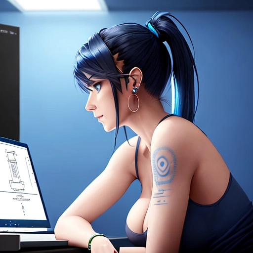 Medium shot, side profile, soft blue lighting of a highly detailed beautiful, thin Cyber punk female with blue black hair, her hair is hanging down on the farside of her face, sitting in front of a computer monitor leaning forward on her arms, at a desk with a tank top on showing cleavage and tattoos on her upper and lower arms. Dark background with a hanging light bulb and a blueprint on the wall, she has a bracelet on her wrist and is wearing earrings on her ears