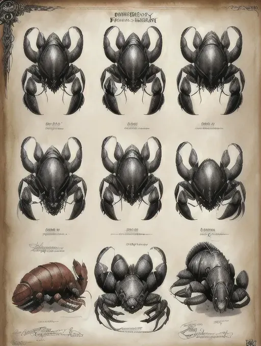 ((8k, high detail, ultra-crisp, high resolution)) character design sheet from fantasy artist ((style of artwork Edward Binkley, ed binkley))
(((Puma mixed with a lobster))
video game concept art))) realistic animal anatomy (( high contrast strong line art))