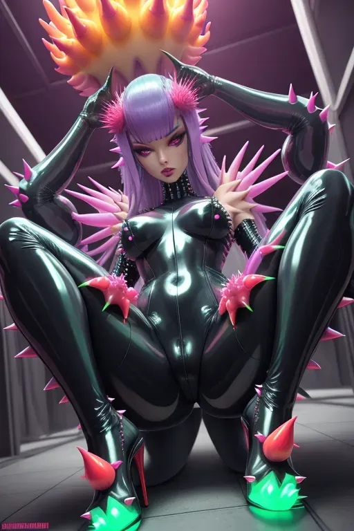 Monster girl wearing transparent latex outfit covered in big rubber spikes, neon, sea urchin, high heels, crab claws, coral, exotic
