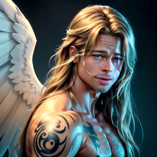 a 8k high detail photo full portrait shot, Brad Pitt, male, five slender fingers ,silky hair, Handsome face ,beautiful lips, blue eyes,curved eyebrows,curved eyelid,pale skin,satisfaction,tattoo,ultra realistic,smooth,8k,studio lighting,surreal, Angel Wings, Angelic Lighting, Love, Hope, Magic casting, Crown, Smiling, King, happy,