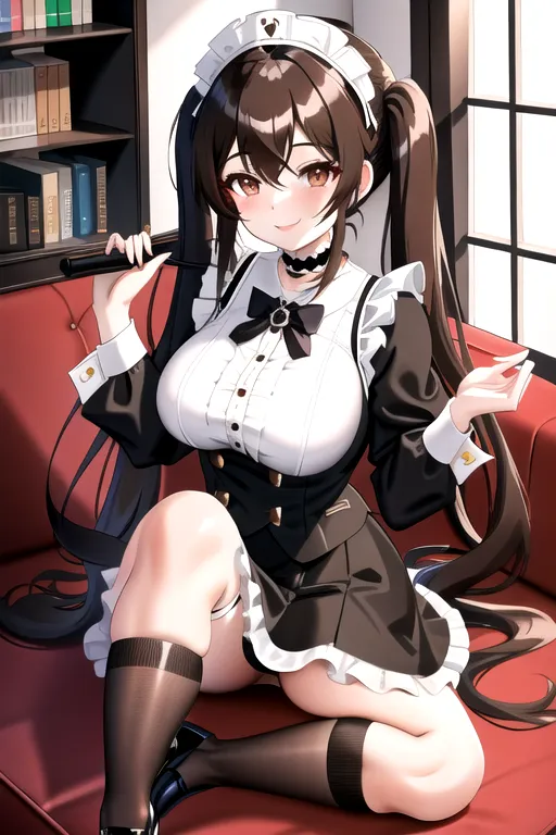 long hair, brown hair, brown eyes, black maid uniform, miniskirt, giant breasts, looking at viewer, in living room, high heels, pale skin, choker, pigtails, smiling, curtsy