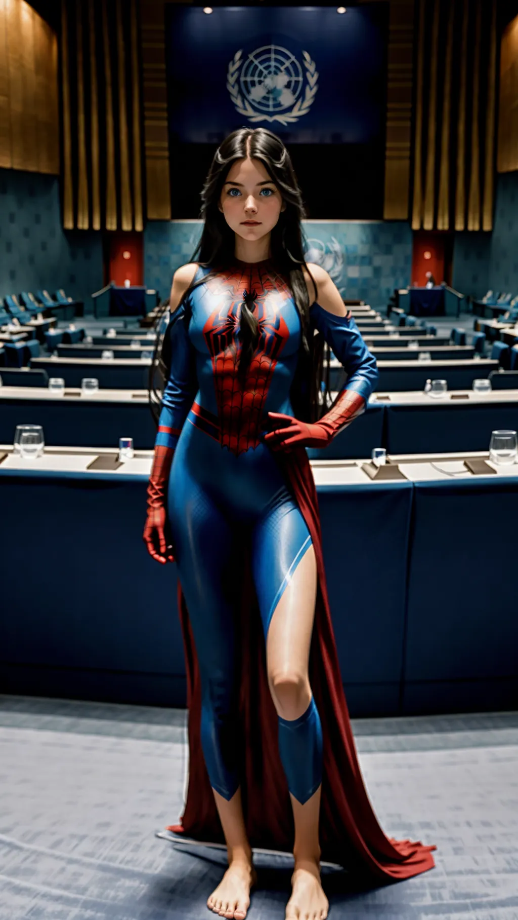 full-body image of a gorgeous barefoot girl with long hair and blue eyes wearing Spiderman outfit and gloves while standing in a large United Nations congress meeting room with politicians sitting at the table, sexy feet, barefoot, exposed face, exposed head, bare feet,