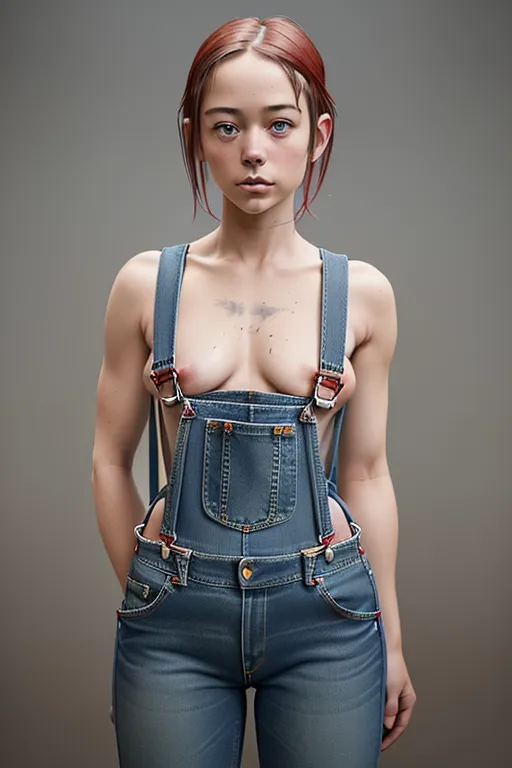 naked suspenders, cute girl wearing blue denim jeans and wide red suspenders over her bare breasts, wide suspender straps crisscross her bare back, looking over shoulder, suspender straps X-back, topless girl,