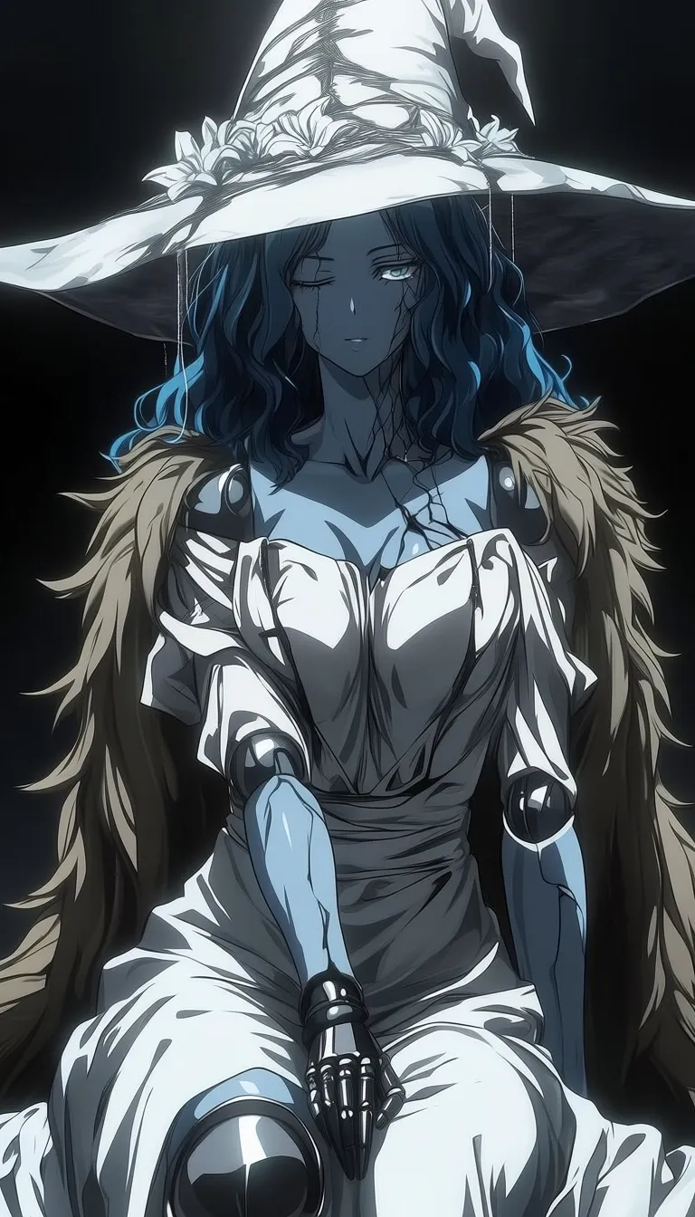 dark_art_style, (ranni_the_witch:0.6), blue eyes, one eye closed, blue hair, wavy hair, blue skin, colored skin, cracked skin, doll joints, witch hat, large hat, white headwear, white dress, long sleeves, fur cloak, brown cloak, masterpiece, highres