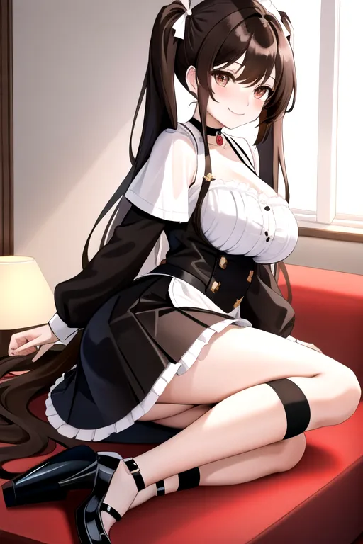 long hair, brown hair, brown eyes, black maid uniform, miniskirt, giant breasts, looking at viewer, in living room, high heels, pale skin, choker, pigtails, smiling