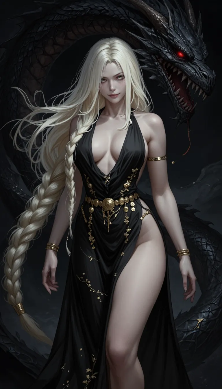 QMarika, digital painting features a striking fantasy woman with long, flowing platinum blonde hair and pale skin, standing confidently amidst a dark, ominous backdrop. She wears a deep, black, plunging gown with a high slit that reveals her left thigh. The gown is adorned with gold accents and a wide belt. Her breasts are partially exposed due to the low neckline. Her expression is intense, with a slight, enigmatic smile. Behind her, a large, menacing dragon with dark scales and sharp teeth is partially visible, its eyes glowing red. The background is dark and shadowy, adding to the dramatic and mystical atmosphere of the scene.