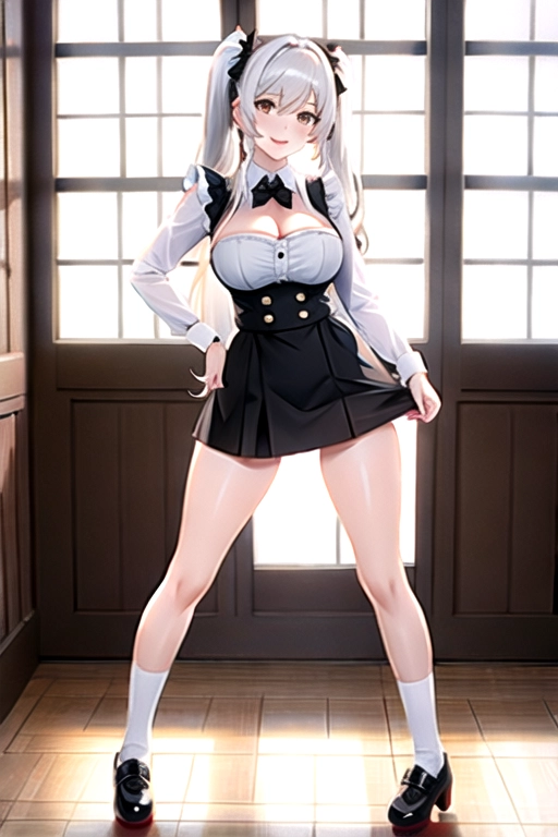 8k quality, brown eyes, pale white skin, white hair, giant breasts, cleavage, looking at viewer, pov, long hair, wavy hair, standing in bedroom, maid uniform, black roller skates, miniskirt, pigtails, full body photo, smiling