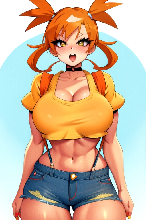 Pokemon Misty. Super curvy. Huge breasts. Red Suspenders. ((yellow crop top.)) Tiny jean shorts. ((Orange hair pigtails)). Cute. Bimbofied. Slut. Super busty.
<lora:dpmg_better_bodies:0.1>,
Best quality. 8k. Masterpiece.