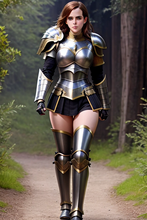 Emma Watson, knight, no helmet, in skin tight armor, sexy,hyper realistic, sexy pose,big thighs,realistic face, show legs,cleric,busty,huge breasts,muscular,skinny waist,wide hips,metal arm,bbw