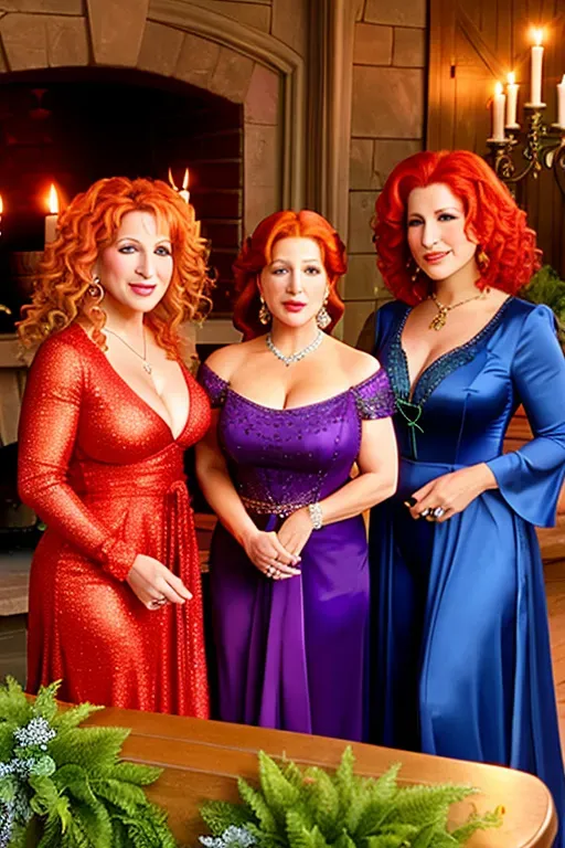 Bette Midler(Winifred Sanderson), Kathy Najimy(Mary Sanderson), Sarah Jessica Parker(Sarah Sanderson), group photo, in The Sanderson Sisters Cottage, black flame candle in background, best 8k ultrarealistic quality