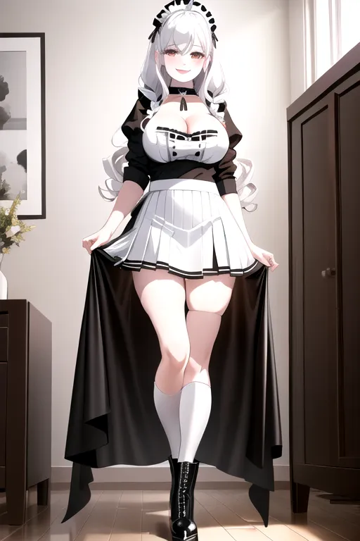 miniskirt, black maid uniform, white hair, choker, brown eyes, pale skin, giant breasts, boots, cleavage, high heels, looking at viewer, walking across room, living room, 1girl, smiling, wavy hair, 8K, Full body photo, slim body