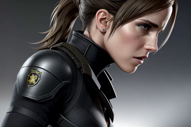 a concept art of,Emma Watson, fightened, in resident evil, in black tactical pants, black military armor, gun holsters, combat boots, five fingers per hand,brown hair, ponytail,bangs,charming face,beautiful lips, deep eyes,curved eyebrows,textured skin,cgsociety,8k,unreal engine,highly detailed,artstation, deviantart, cinematic, sharp image, centered, medium close up, 8k,studio lighting, head in frame, long neck