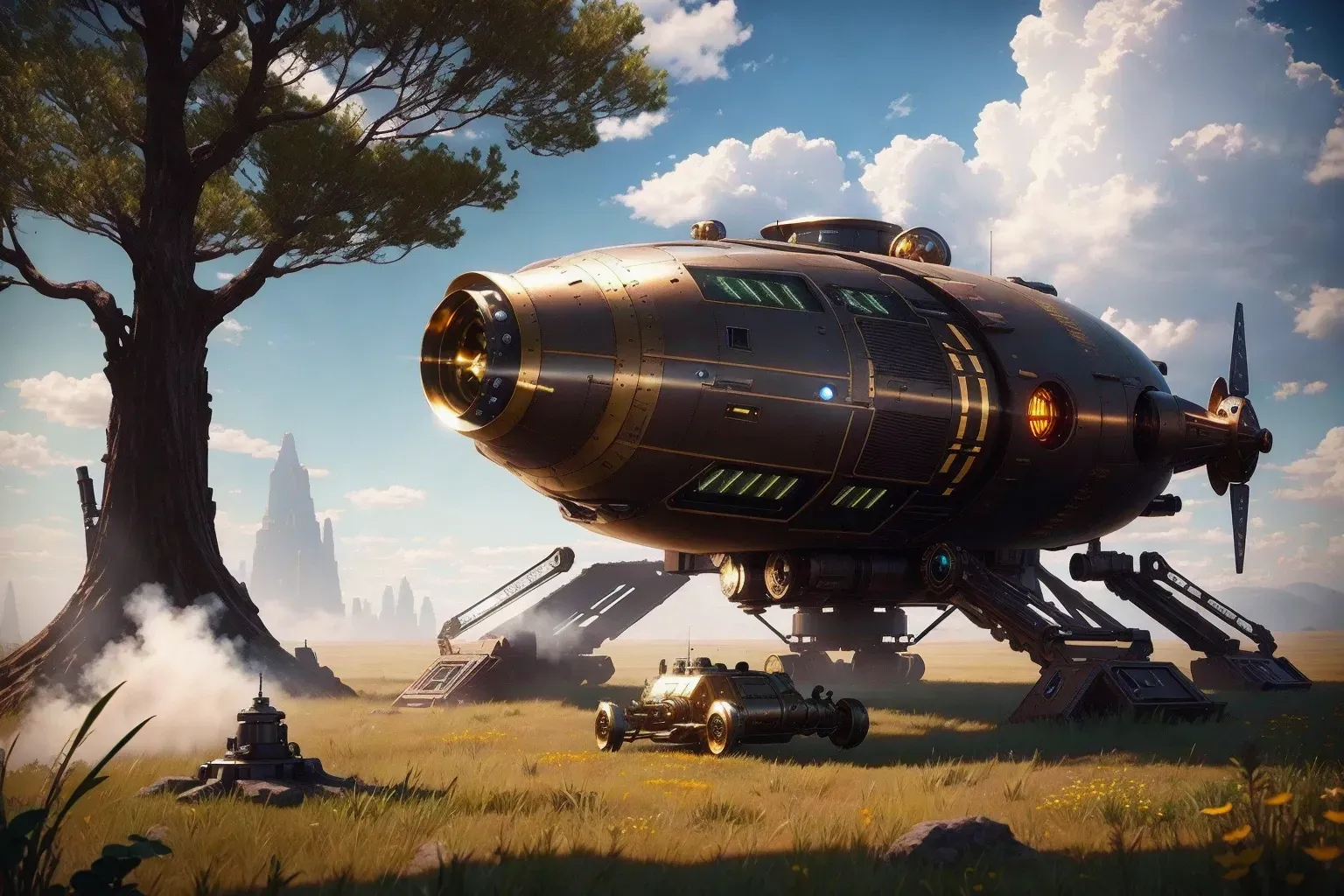a high resolution 8K photo of, steampunk, alien spaceship on the ground, in a meadow in a fantasy novel