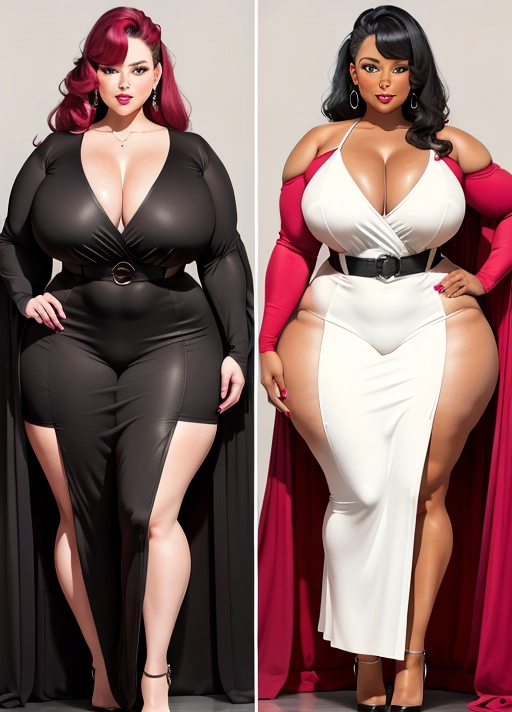 one woman pictured twice, at first she is thin, then she is a bbw, the same woman, once thin now a bbw, weight gain, split screen, thin woman on the left, before, bbw on the right after,