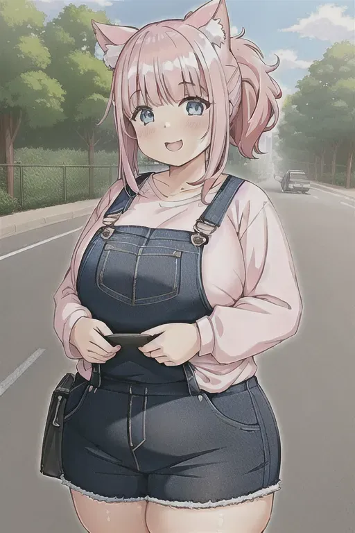 1girl, fat ((catgirl)), mid 20s, smile, pink hair, (blue) eyes, short messy fringe, (low) ponytail, (long) (black) overalls, pastel pink tshirt, long sleeve tshirt, ((obese)), overweight, wide hips