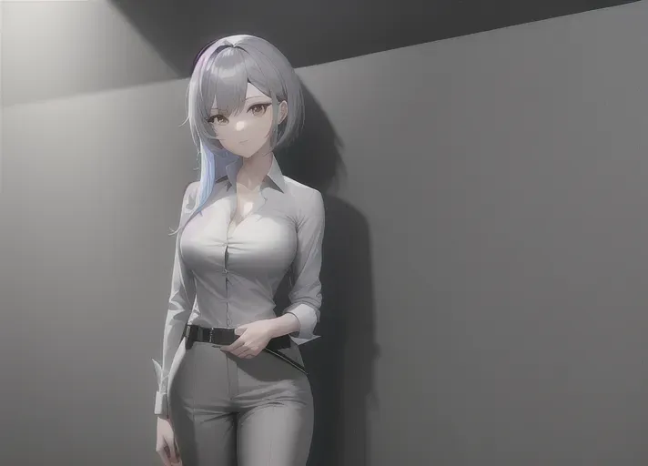 best quality, highly detailed, an anime girl detective wearing arm holstered guns a button up shirt and grey slacks cute, perfect figure, absurd resolution, highly detailed background, vivid colors, world lighting, 8k, wallpaper