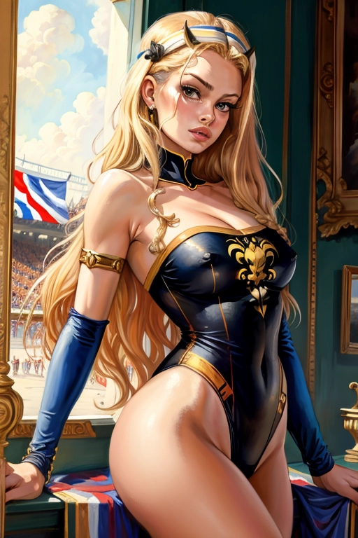((painting)),
(beautiful woman),
(((features of Brigitte Bardot))), as an Empress, perfect face, detailed face, beautiful nipples:1.2), natural blonde hair,
((wearing a one-piece leotard in the colours of the French flag)), in a football stadium
masterpiece