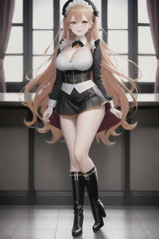 8k quality, brown eyes, pale white skin, orange hair, giant breasts, cleavage, looking at viewer, pov, long hair, wavy hair, full body photo, standing in room, smiling, black maid uniform, miniskirt, high heels, black knee high boots, black choker