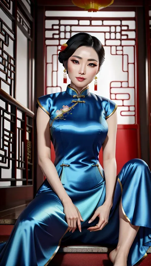 ((solo Chinese Lady)),(8k high resolution photo),cinematic lighting, ((accurate facial details)), beautiful detailed eyes, beautiful detailed lips,natural eyebrows, (GuoChao Modern Chinese Dress for Girls Cheongsam A-line Dress Women Qipao Traditional Chinese Clothes blue cheongsam dress), sitting on a low stair, leans back ((pulled up skirt)), (((spreading legs))), (thong), ((open pussy)), low angle camera shot