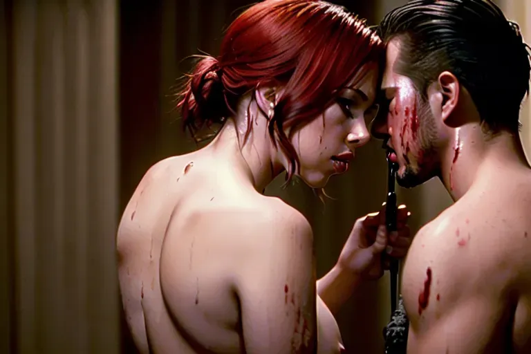 8k photorealistic photo of, a guy, raping scared tear faced naked scarlett johansson in her butt, forced sex,crying, makeup messy, ((1 guy)), ((1 girl)), bloody,dpmg_side_doggy_v1, doggystyle, rape, dungeon, neck being kissed