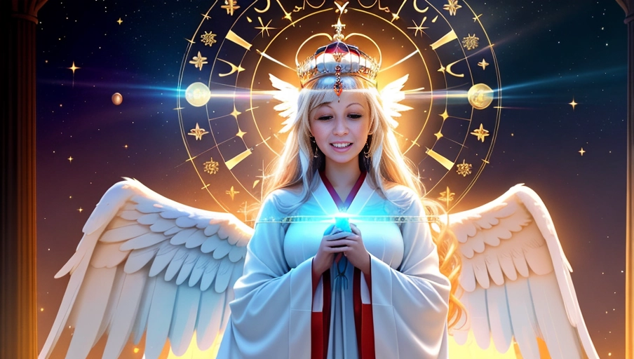 a 64k high detailed photo, ((female)), Intimacy, saint, priestess, religion, Sex Religion Tones, Intimacy Religion, Ultra Detailed, Best Quality, Most Detailed, (Angel Wings), Angelic Lighting, Love, Hope, Magic casting, Crown, Queen, Smiling, happy, Glory, Warrior, Angels, Angelics, Positivity, Happiness, ecstasy, enraptured, sweaty, saving, God, Royalty, Morality, Goodness, True Good, Power, Force, Authority, Ethical, Saviour, Halo, Always and Forever Sentimental, in heat, hot, ultra hot, best, best lighting, tantric, Neutral, Brilliant, Logical, Compassionate, Perfect, Perfection, Exciting, Integrity, Winged, Courage, Purity, Harmony, Beauty mark on upper lip, Family, Titan, Primordial, Protogenoi, Happiness, Happy, True Happiness, The Light themes, Heavenly Themes, Life, Death, The Rise, clean, Sexiest, Prettiest, Most, Beautiful, Angelic, Speech, ecstasy impression, (Happy Expression) ((Love Worship)) (with colourful Robes)