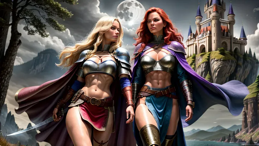 High fantasy setting (Dungeons and Dragons), two women, Olivia Wilde with long blonde hair and Dina Meyer with short red hair, wearing purple and blue armour, long cape, skirt to knees, high leather boots, medium natural breasts with large cleavage, toned and slim body, abs, slender arms and legs, small ass, midrif, narrow waist, sensual expression, focused, sharp features, very beautiful face, high cheekbones, arched eyebrows, walking towards the viewer, sexy action pose ready to attack, holding dagger or sword in one hand, looking at the viewer, knowing smile,
castle on a cliff next to a lake and forest in the background, full moon, moon light,
two arms, two hands, five fingers, detailed fingers, two legs, two feet
<lora:dpmg_add_detail:0.4>, vivid colors, cinematic composition, artificial light, UHD, HDR, highest quality, highest resolution, (photorealist), (photorealism), (masterpiece:0.4)