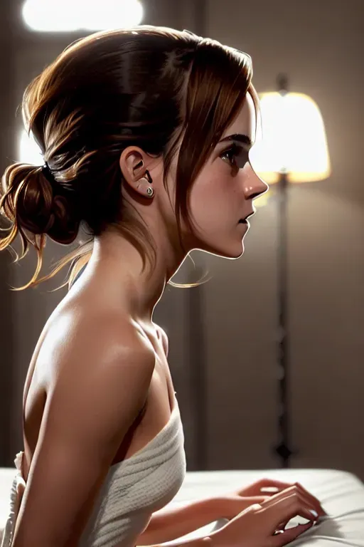 (((side view))), photo of Emma Watson getting fucked, doggy style, masterpiece, perfect lighting, perfect face, eye contact, brown eyes, in bed, hand holding head, creampie, whole body in frame