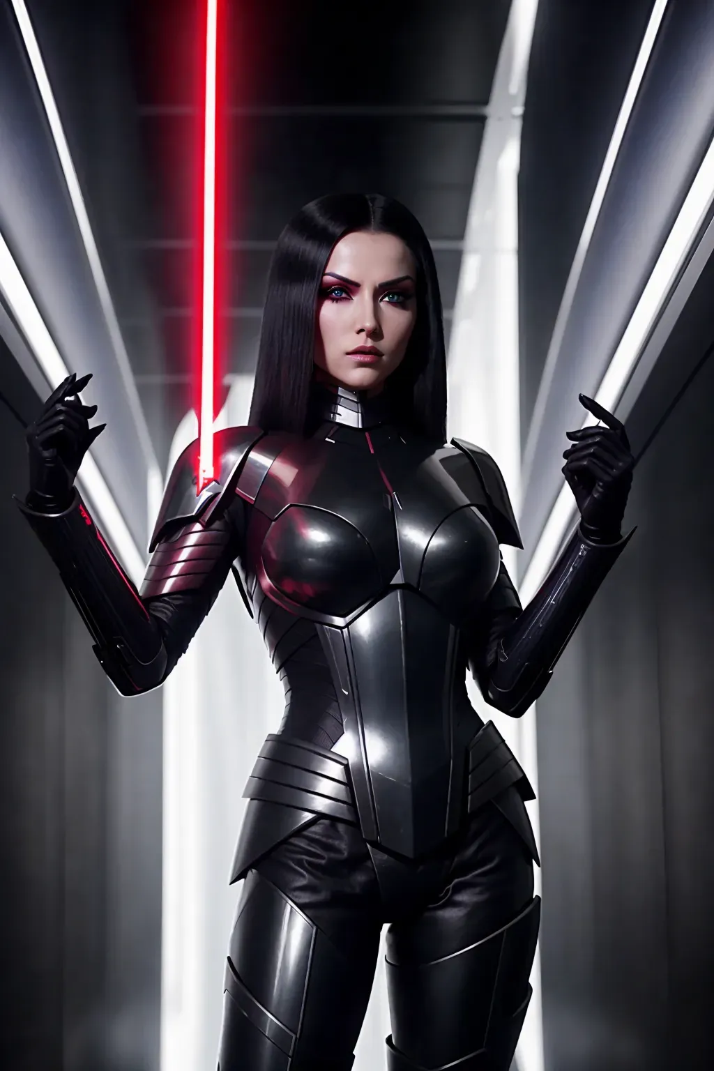 a professional photograph of, 8k, a female Sith, full body, wearing black futuristic armor, wavy platinum hair, evil stare, in a dark spaceship corridor, five slender fingers, holding a red laser sword, beautiful lips, curved eyebrows, curved eyelid, beautiful eyes, ultra realistic,