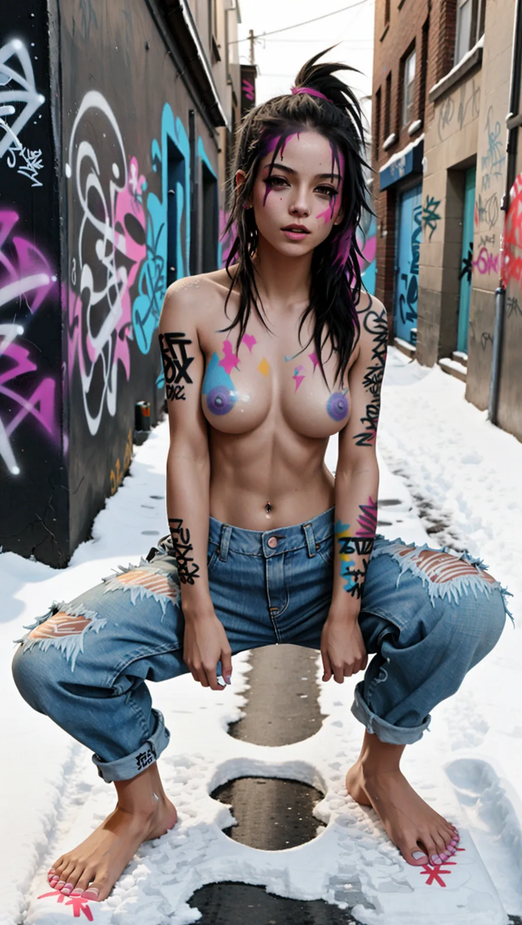 full-body image of a fit toned hot topless barefoot punk girl with long hair wearing baggy jeans while crouching barefoot in a street in the snow with graffiti paint on her breasts and graffiti paint on her feet, sexy feet, topless, barefoot, graffiti paint on breasts, graffiti paint on erect nipples, graffiti paint breasts,