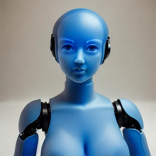 Female humanoid robot, realistic translucent blue silicone breasts, face in frame