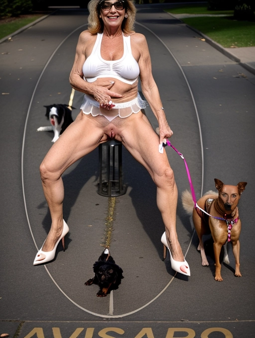 a kinky naked mature woman wears a tiny skirt and spreads her legs to pee openly on the streets of the local park as she walks her dog while wearing a tiny outfit.