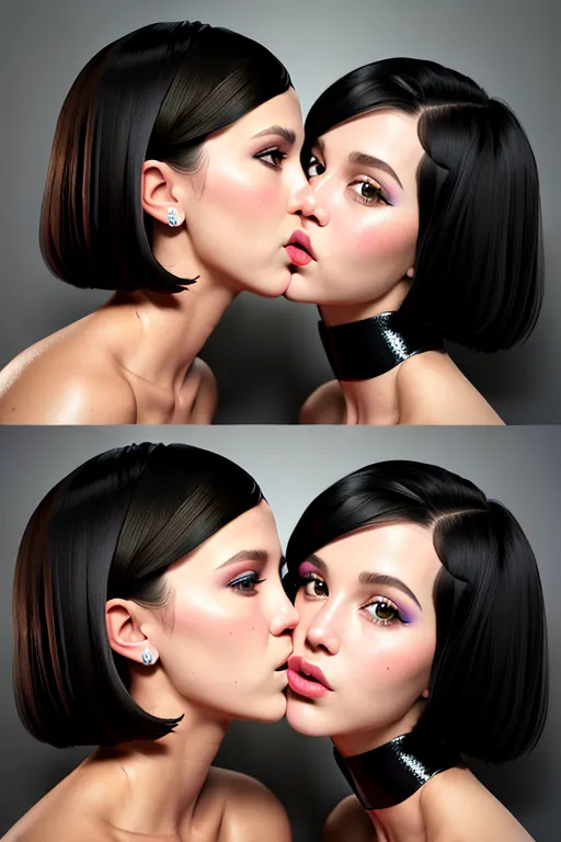millie bobby brown twins kissing, lesbian, ultra realistic face, detailed large eyes, flat chested, (black hair), editorial, highly detailed, masterpiece, perfect face, photorealistic,