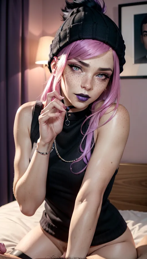 photorealistic, 8k, accurate face, detailed face, (((replicate inspiration face))), freckles, black lipstick, pink hair,
wearing black beanie, black choker, striped knit sweater,
penis, accurate penis, 7inch penis, pubic hair, handjob, teasing, edging, hand on penis, stroking penis,
location is bedroom with purple lighting, movie posters on wall, messy bed,