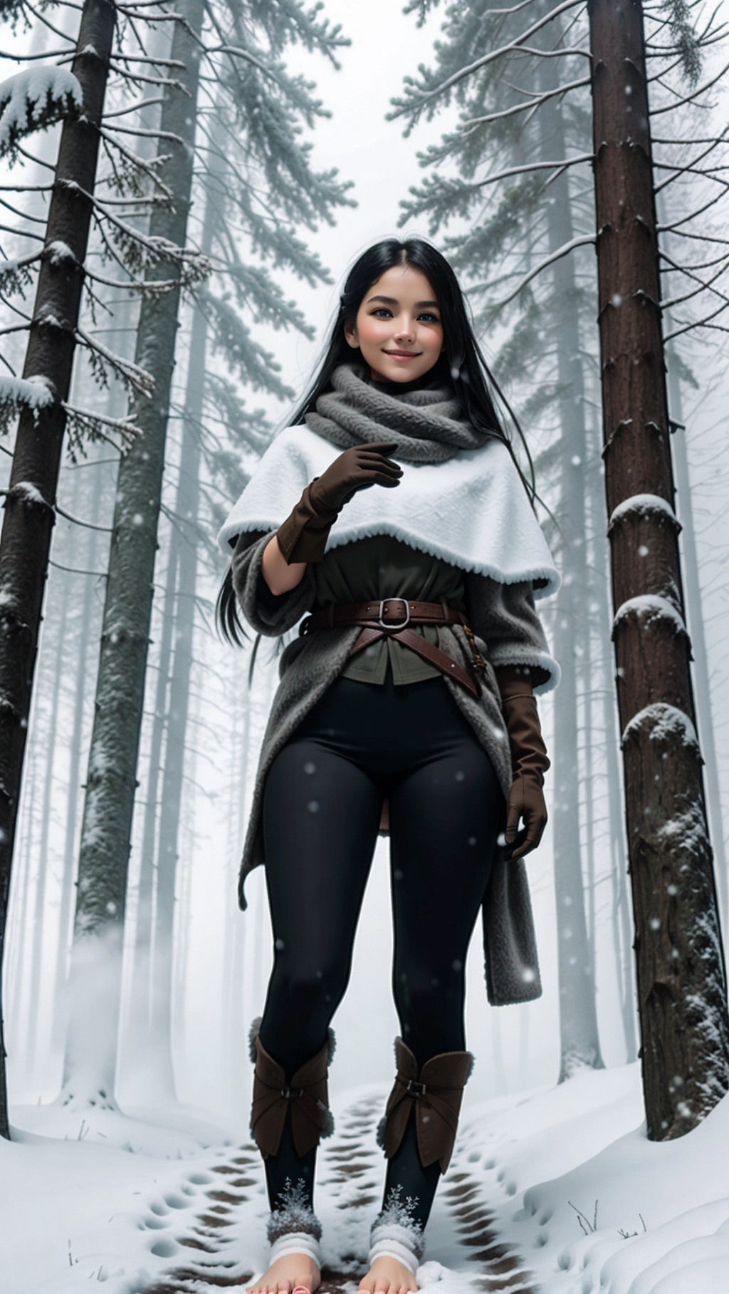 full-body image of a fit tan thin beautiful barefoot German snowy forest, (beautiful petite feminine feet: 1.2), (barefoot: 1.3), (wearing warm black medieval adventurer attire: 1.2), (long dark hair: 1.2), (German woman: 1.3), (cursed foggy dark snowy forest: 1.4), (black toenails: 1.2), (gloves: 1.3), (tights: 1.2), (magic glowing markings on feet: 1.3), (smug smirk: 1.2), (adventurer pants: 1.2),