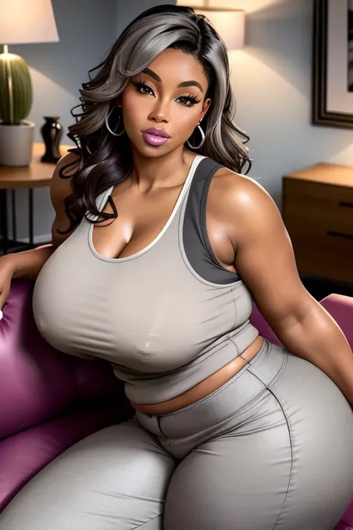 Thicc Milf chilling in her living room
Gray tank top and tight pants
Dark skinned
Big Tits
Big Round Ass and Hips
Big lips