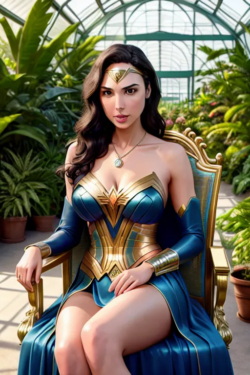 a concept art of,gal gadot,wearing empress dress,sitting in a chair,in a lush greenhouse,big breasts,five slender fingers,charming face,beautiful lips,blue eyes,curved eyebrows,satisfaction,wearing necklace,8k,bokeh,ultra realistic,surreal,editorial