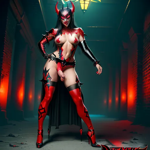 A man with the face and body of gorgeous transgender woman (wearing devil maskm2f), full body with penis in the image, lots of red and black, vibrant, vivid, art, realistic, fantasy, HDR, 32K, female perfection, nudity, background dungeon,