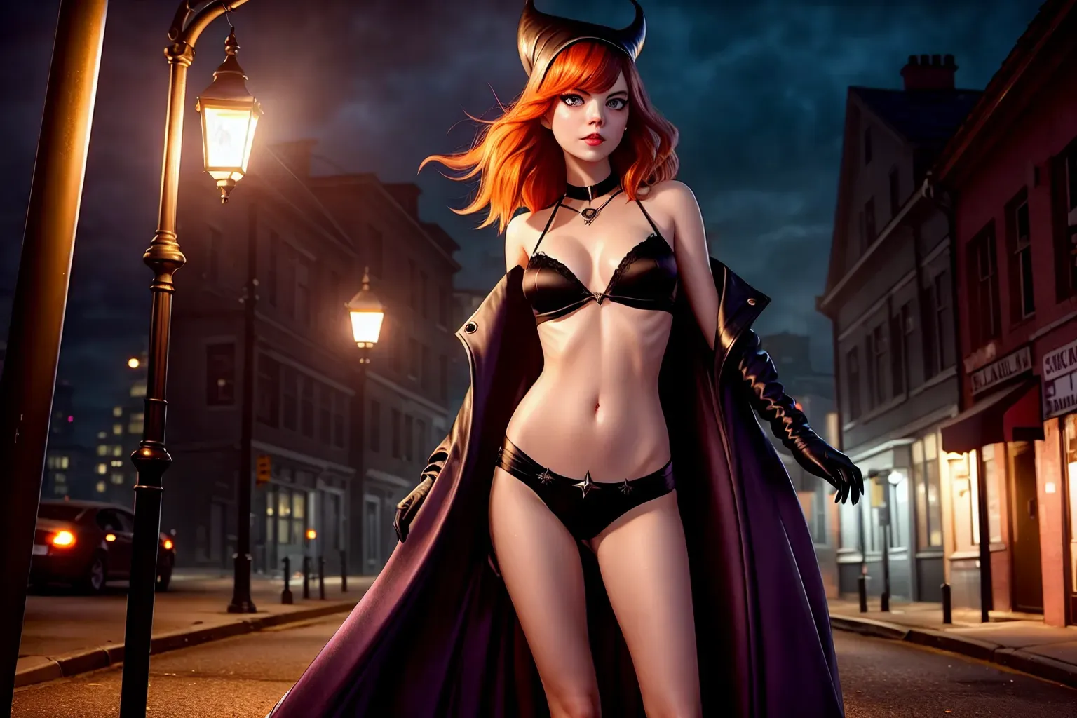a concept art wide shot of (Emma Stone)(completely accurate face)(glaring eyes), (sadistic malicious facial expression), full body, under a streetlight on an abandoned street at midnight(levitating off the ground), (slutty Sorceress Succubus),(wearing Long Eldritch Sorceress gown)(bedlah)(pale skin),(skinny slender athletic physique)(wind swept), (very tiny perky breasts), five slender fingers,beautiful face,beautiful lips,detailed large eyes,curved eyebrows,cgsociety,natural lighting,professional,editorial, (oily skin glistening)(bokeh)