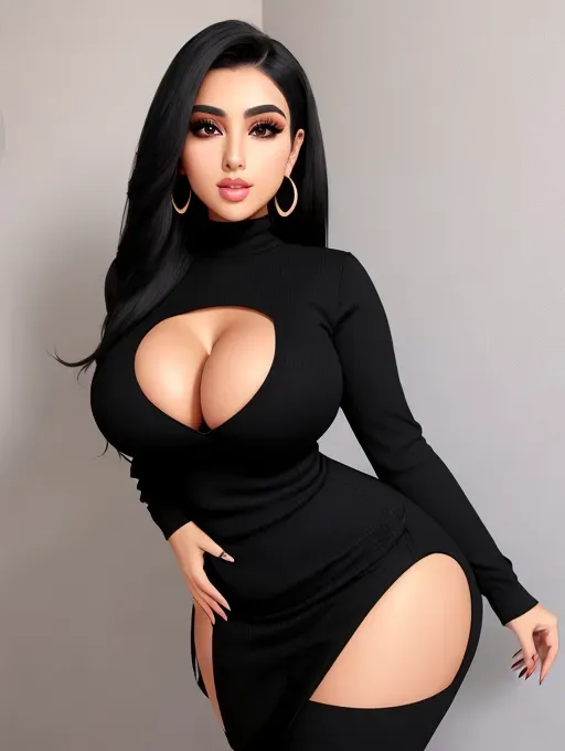 Gorgeous Arab babe, huge gigantic boobs, (gigantic boobs), black hair, photo gorgeous attractive face, beautiful big lips, sexy, slim waist, thin curvy hourglass figure, tight black sweater dress, photorealistic, best quality, ultra high resolution