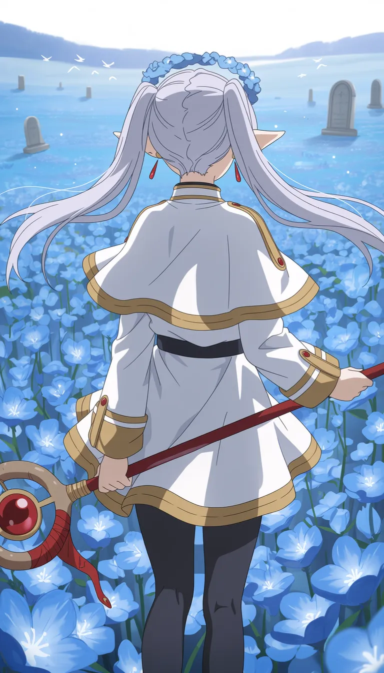 best quality, score_7, score_9, sensitive, very aesthetic, ultra detailed, fair skin, explicit, high contrast, 1girl, frieren,
koi hh,
elf, floating grey long hair, pointy ears, twintails, black pantyhose, floating earrings, jewelry, mage staff, white capelet, white skirt, from behind, solo, flower field, head wreath, simple bird, tombstone, holding, wide shot, long hair, standing, facing away, white hair, capelet, earrings, skirt, field, outdoors, holding staff, pantyhose, long sleeves, feet out of frame, staff, flower, blue flower, teardrop earring,
A solitary elf with long, flowing white hair and pointed ears stands in a field of vibrant blue flowers. She wears a simple, light-colored tunic with a capelet draped over her shoulders, and holds a staff topped with a glowing red orb. The scene is bathed in soft, ethereal light, creating a dreamlike atmosphere as the character gazes into the distance.