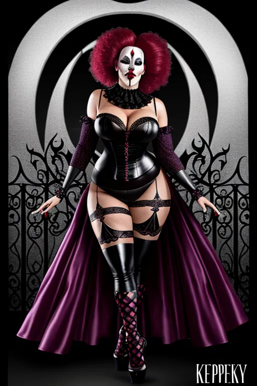 full body view of an extremely sexy scary goth clown, in a spooky setting